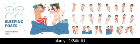 Set di uomini e donne che dormono posti letto, persone singole e coppie sdraiati nella vista dall'alto del letto. Relax notturno, i personaggi indossano pajama dormire isolato su w Illustrazione Vettoriale