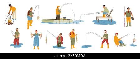 Uomini felici di pesca set isolato su sfondo bianco. Personaggi maschi piatti che catturano pesci con canna da perforazione, riva del fiume, barca gonfiabile, in piedi Illustrazione Vettoriale