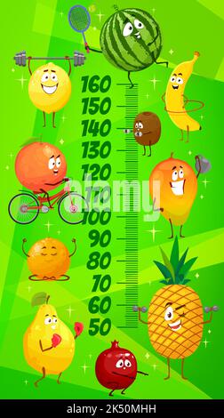 Tabella dell'altezza dei bambini con divertenti sportivi di frutta. Poster o adesivo vettoriale per la misurazione della crescita dei bambini o del misuratore dell'altezza. Righello di crescita dei capretti con i caratteri felici della frutta che fanno il idoneità, le esercitazioni di yoga Illustrazione Vettoriale