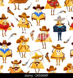 Chip nachos messicani modello senza cuciture, cowboy charro, sceriffo e bandit ranger su sfondo vettoriale. Personaggi cartoni animati o personaggi del cibo messicano modello, simpatici nachos divertente in sombrero cappello con le pistole Illustrazione Vettoriale