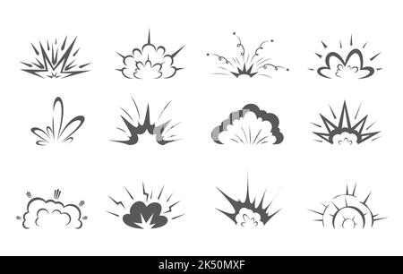 Esplosione di bombe cartoni animati, silhouette di nuvole fumettiche e fumo di esplosione, icone vettoriali. Esplosione di bombe o esplosione di dinamite effetti di nube di esplosione di fuoco o dinamite bang, fumetto hit flash e crash burst Illustrazione Vettoriale