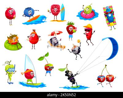 Cartoon bacche carine in vacanza estiva. Caratteri divertenti vettoriali di mirtillo, mirtillo, lampone e uva spina, fragola, miele, rosehip, mora o ribes nero, ciliegia di uccelli e uva Illustrazione Vettoriale