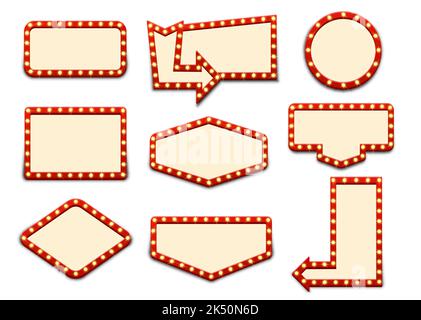 Lightbox retrò, insegne cinematografiche o insegne per cartelloni. Fotogrammi luminosi per sale cinematografiche vettoriali. Lightboxes retro e cartelli per spettacolo circense, Vegas casino club, scatole di lampadine vintage, banner e frecce Illustrazione Vettoriale