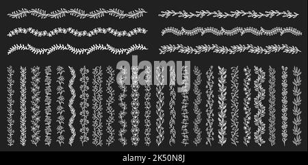 Bordi verticali floreali e divisori. Rametti e rametti. Vignetta o certificato sottolineature floreali o linea vettore divisori set, biglietto da matrimonio abbellimento o bordo con foglie, bacche e fiori Illustrazione Vettoriale