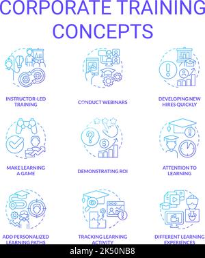 Set di icone di concetto gradiente blu per la formazione aziendale Illustrazione Vettoriale
