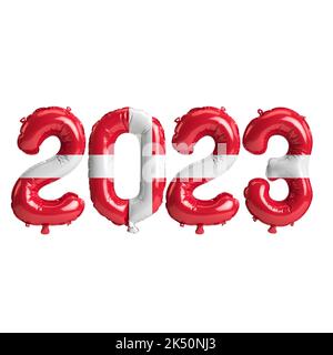 3D illustrazione di palloncini di 2023 anni con bandiera danese isolata su sfondo bianco Foto Stock