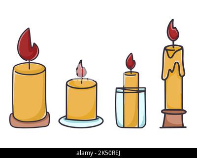 Candele impostare mano disegnata doodle. Candela in vaso, illustrazione di vettore isolato largo e sottile. Candela con fiamma fumetto clipart Illustrazione Vettoriale