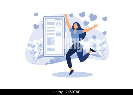 social network, mi piace reciproco, una ragazza gioiosa con un telefono in mano mette mi piace su uno sfondo di fiori flat vettoriale illustrazione Illustrazione Vettoriale