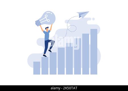 ricerca di soluzioni, il pensiero è raggiungibile, crescita di carriera, l'uomo va la strada per il successo con l'idea e il concetto, icone a colori piatti, business flat vettoriale Illustrazione Vettoriale