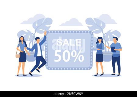 Illustrazione vettoriale di un negozio, volantino, poster, banner, sconto del 50%, disegno piatto e moderno Illustrazione Vettoriale