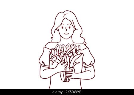 Ritratto di donna sorridente che tiene fiori in mano. Ragazza felice con bouquet sensazione felice festeggiamento anniversario di compleanno. Illustrazione vettoriale. Illustrazione Vettoriale
