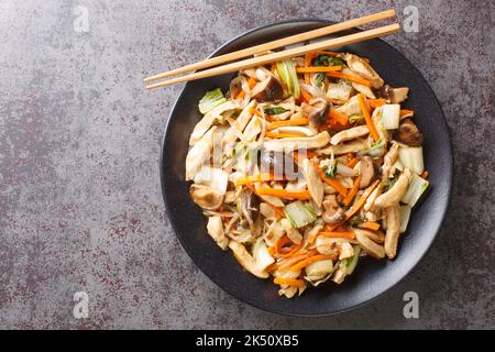 Chop Suey è un veloce cinese americano stir-friggere con pollo e verdure miste in una salsa bruna spessa primo piano in un piatto sul tavolo. Orizzontale t Foto Stock