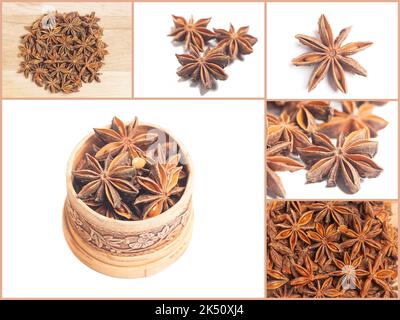 Collage con anse stellari isolate su sfondo bianco. Frutta speziata essiccata di anice stellato. Foto Stock