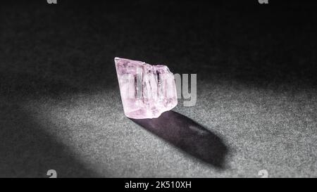 Gemma rosa traslucido Kunzite cristallo guarigione retroilluminata da dietro su sfondo scuro. Minerale naturale Spodumen Foto Stock