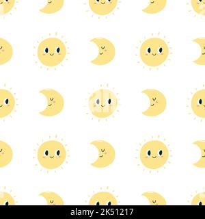 Modello senza cuciture con luna e sole sorridenti. Tessuto vettoriale disegnato a mano per carta da imballaggio, stampa in tessuto, tessuto per bambini, copertina, cartoncino. Illustrazione Vettoriale