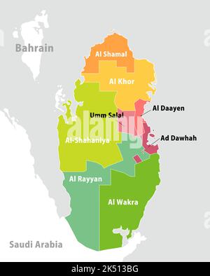 Illustrazione della mappa delle divisioni amministrative del Qatar Illustrazione Vettoriale