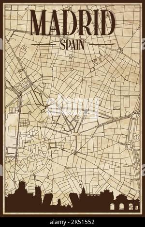 Mappa stampata a mano della rete stradale del centro di MADRID, SPAGNA Illustrazione Vettoriale