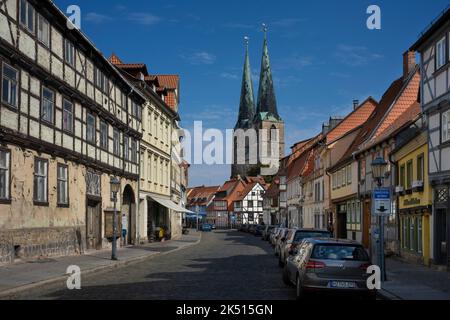 Quedlinburg, città patrimonio dell'umanità dell'UNESCO nella bassa Sassonia, Germania Foto Stock