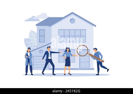 Concetto di business immobiliare, la scelta e la ricerca di una casa. flat Vector illustrazione sfondo bianco isolato Illustrazione Vettoriale