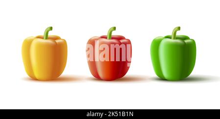 Vector 3D Set di peperoni rossi rossi gialli verdi e rossi dolci bulgari, verdure isolate di Paprika Illustrazione Vettoriale