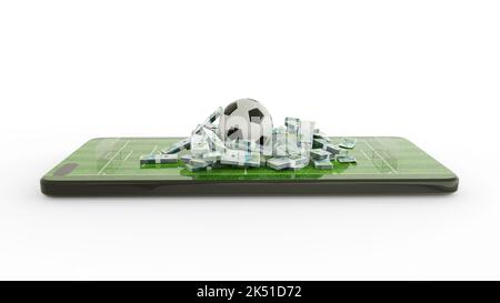 Rendering 3d delle scommesse di calcio su cellulare. Note di calcio e peso colombiano sullo schermo del telefono. Campo da calcio isolato sullo schermo dello smartphone Foto Stock