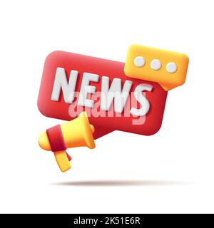 3D etichetta con megafone e bolla di voce con messaggio di notizie, tag volume Illustrazione Vettoriale