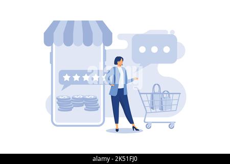 Concetto di feedback. Recensione del cliente che classifica gli acquisti online. Reputazione dell'app del negozio online. Shopping online classifica con una stella. Vettore, illustrazione, EPS, Illustrazione Vettoriale