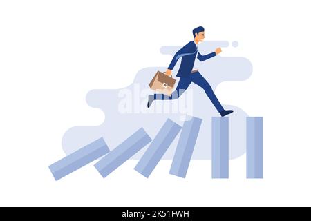 Uomo d'affari che corre in cima a domino Effect.Business crisi. Concetto aziendale. Illustrazione di un vettore piatto Illustrazione Vettoriale