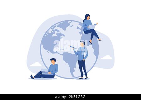 Lavorare da qualsiasi parte del mondo, persone in viaggio d'affari in tutto il mondo mappa sul mondo lavorare con il computer online. flat vectore illustrazione Illustrazione Vettoriale