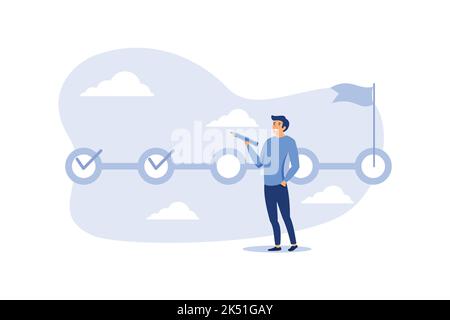 Monitoraggio dei progetti, completamento delle attività o checklist per ricordare il concetto di avanzamento del progetto, project manager di un imprenditore che tiene una matita grande per controllare che il completamento del progetto sia completato Illustrazione Vettoriale