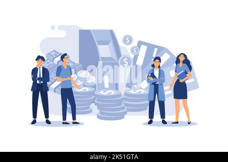 Concetto di business ATM. Clienti con carta di credito prelievo denaro in linea con la banca atm piatto vettore illustrazione Illustrazione Vettoriale