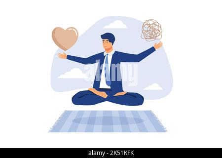 Gestione dello stress equilibrio tra concentrazione del lavoro e salute mentale, equilibrio della vita lavorativa o meditazione e relax, uomo d'affari meditate balan galleggiante Illustrazione Vettoriale