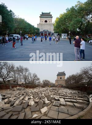 (221005) -- PECHINO, 5 ottobre 2022 (Xinhua) -- la foto combinata mostra i cittadini che esercitano nella piazza delle Torri della Campana e del tamburo a Pechino, capitale della Cina, 18 settembre 2022 (su, foto scattata da Chen Zhonghao) e la piazza delle Torri della Campana e del tamburo in ristrutturazione a Pechino, Capitale della Cina, il 25 marzo 2014 (giù, foto scattata da li Hui). Le autorità cinesi hanno pianificato di raccomandare l'asse centrale di Pechino come progetto di applicazione del patrimonio culturale mondiale della Cina nel 2024, secondo la National Cultural Heritage Administration. L'asse centrale di Pechino è lungo 7,8 chilometri, a partire da Foto Stock