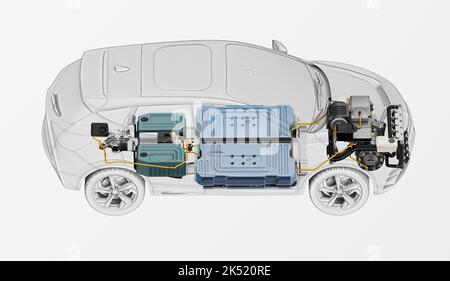 Rendering 3D elettrico generico auto tecnica in sezione con tutti i principali dettagli del sistema EV in effetto fantasma con disegno. Vista laterale dall'alto sul dorso bianco Foto Stock