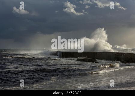 Ave foce del fiume prima di tempesta e pioggia in serata, Vila do Conde, a nord del Portogallo Foto Stock