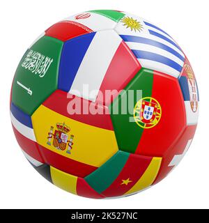Pallone da calcio con motivo a bandiere internazionali e texture in pelle . Isolato . Tracciati di ritaglio incorporati . 3D rendering . Foto Stock