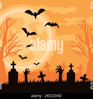 cimitero con pipistrelli che volano scena halloween Illustrazione Vettoriale