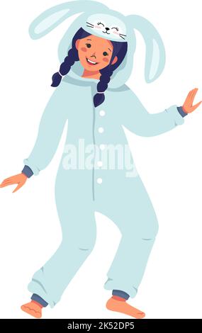 Ragazza in costume di coniglio carnevale. Festa per bambini in pajama. Bambino che indossa tute o kigurumi, abbigliamento festivo per Capodanno, Natale o vacanza. Illustrazione piatta vettoriale Illustrazione Vettoriale