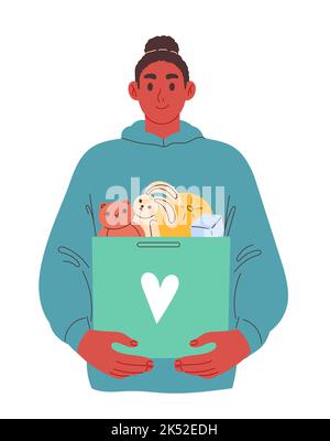 Raccolta fondi di beneficenza per i bambini. Volontario con scatola di giocattoli. Illustrazione Vettoriale