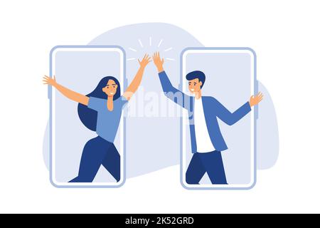 Hi-Five virtuale per una collaborazione di successo, lavoro remoto o saluto online per il successo aziendale, concetto di videoconferenza online, business felice Illustrazione Vettoriale