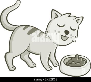 Illustrazione carina di un gatto che mangia il suo cibo. Illustrazione vettoriale su sfondo bianco. Illustrazione Vettoriale