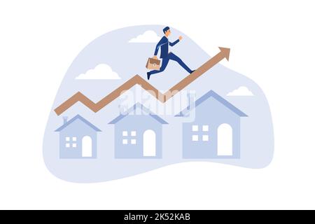 Aumento del prezzo delle abitazioni, concetto di crescita immobiliare o immobiliare, business man in esecuzione su grafico verde in aumento sul tetto della casa. Illustrazione Vettoriale