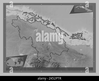 Villa Clara, provincia di Cuba. Mappa in scala di grigi con laghi e fiumi. Mappe delle posizioni ausiliarie degli angoli Foto Stock