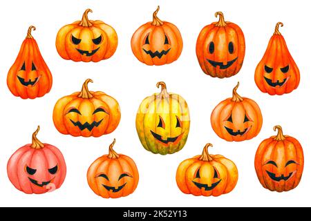 Una grande serie di zucche di Halloween di varie forme. Illustrazione in acquerello per la progettazione di biglietti, inviti, poster, cancelleria, loghi, stampe, sti Foto Stock