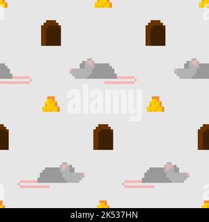 Pixel ART mouse e Cheese Pattern senza cuciture. Tessuto Baby a 8 bit Illustrazione Vettoriale