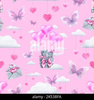 Carino orsi su palloncini nelle nuvole con doni, buste, cuori e farfalle. Illustrazione acquerello. Motivo senza cuciture su sfondo rosa Foto Stock