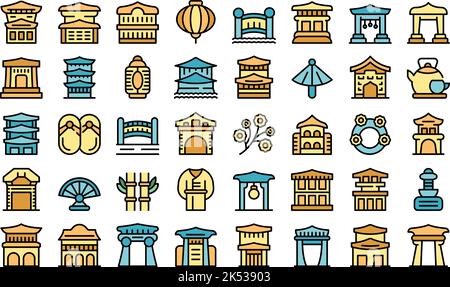 Le icone di Kyoto definiscono il vettore di contorno. Architettura reale. Giappone estate sottile linea di colore appartamento su bianco Illustrazione Vettoriale