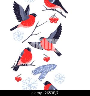 Inverno senza cuciture modello con uccelli torce e piante. Buon Natale e Felice Capodanno. Illustrazione Vettoriale