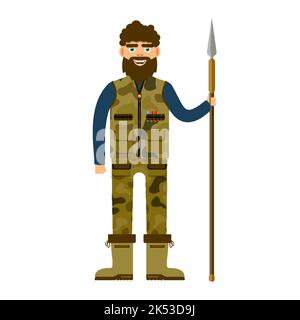 Uomo cacciatore camouflage panno armato di lancia piatto. Maschio carattere barba militare cacciatore verde uniforme giubbotto pantaloni scarpone punta affilata spear ingranaggio foresta hobby sport attivo fauna selvatica avventura isolato Illustrazione Vettoriale