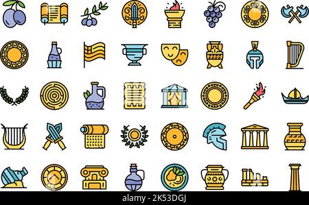 Le icone di Atene impostano il vettore di contorno. Skyline della Grecia. Edificio cittadino dalle linee sottili, piano bianco Illustrazione Vettoriale